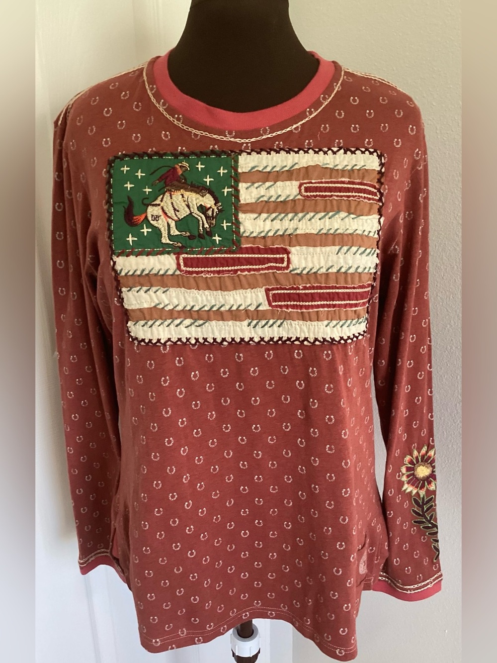 Double D Ranch Riding Rodeo Embroidered Terra Cotta Top Large